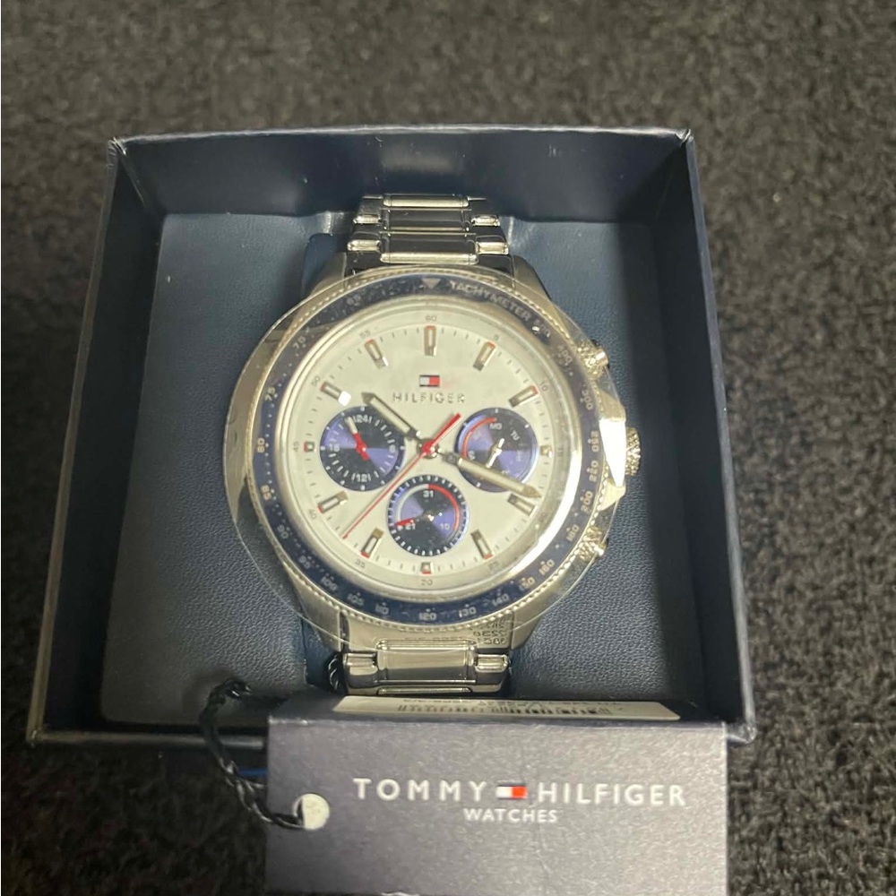 Tommy Hilfiger Silver Chronograph Watch with Blue Details